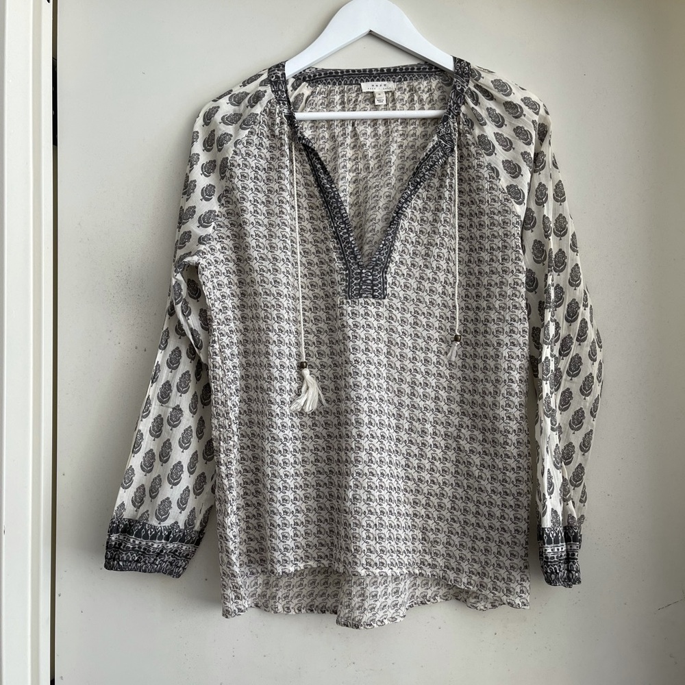 Soft Joie Print V Neck Tassel Blouse